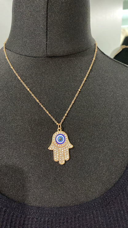 Gold Diamante Evil Eye Hamsa Hand Pendant