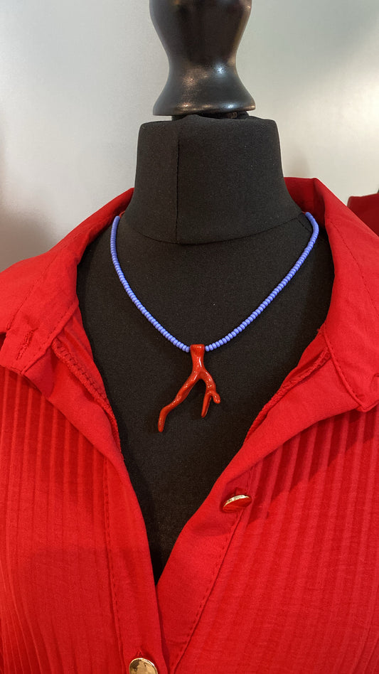 Red & Blue Beaded Antler Pendant