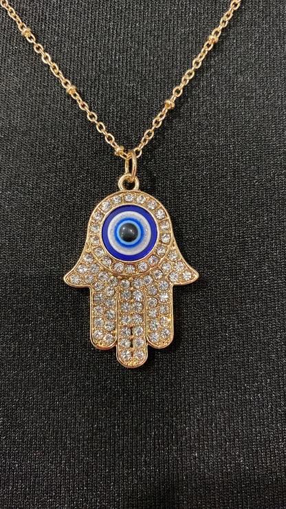 Gold Diamante Evil Eye Hamsa Hand Pendant