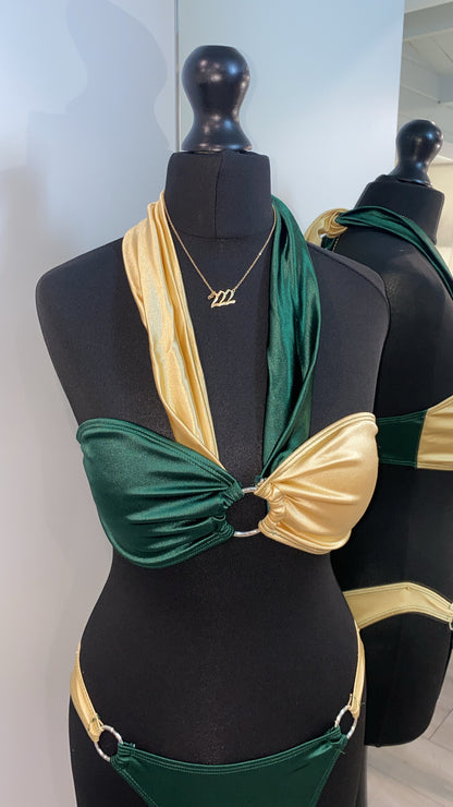 Green & Gold Multiway Satin Two Piece Bikini