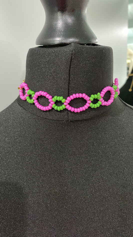 Colourful Beaded Choker, Green & Pink