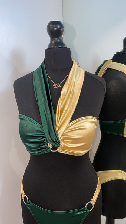 Green & Gold Multiway Satin Two Piece Bikini