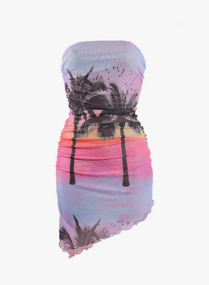 Tropical Mesh Asymmetric Bandeau Dress