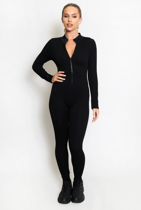 Black Ribbed High Neck Zip Front Unitard