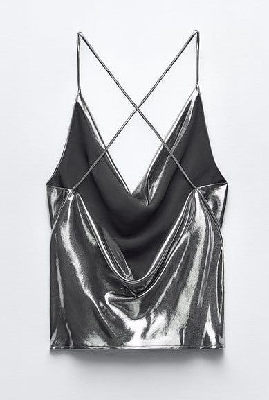 Wet Look Metallic Crop Cowl Neck Cami